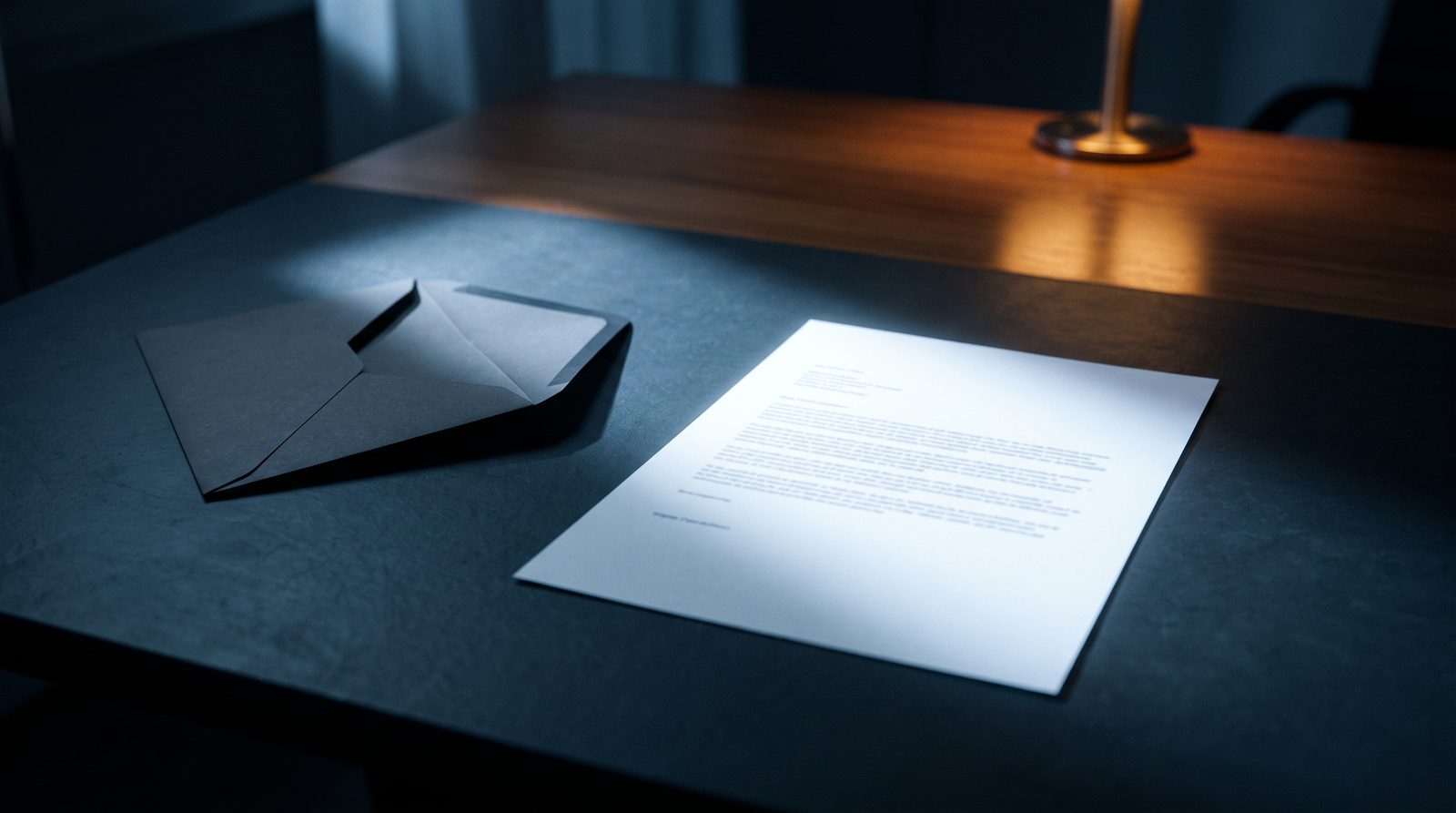 Envelope aberto e uma carta de uma página sob luz dura, em cima de uma mesa escura; o texto datilografado é pequeno demais para ler.