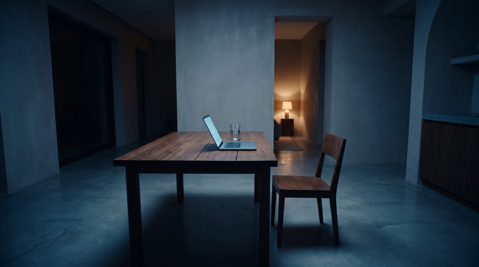 Mesa de jantar moderna e vazia à noite, com um notebook aceso sobre ela e uma cadeira afastada.
