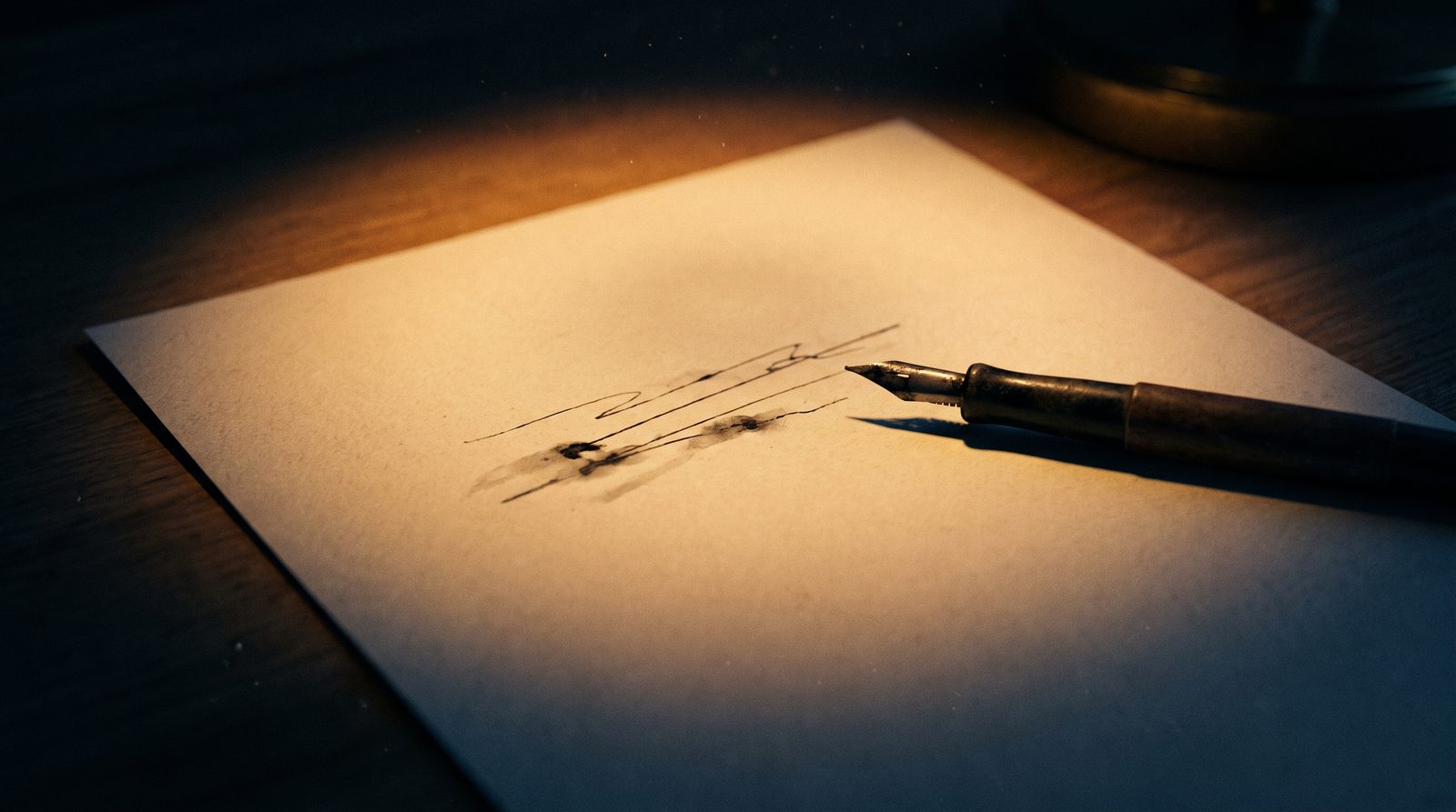 Página iluminada por uma lâmpada, com uma caneta-tinteiro descansando sobre ela; as linhas escritas à mão estão suaves demais para ler.