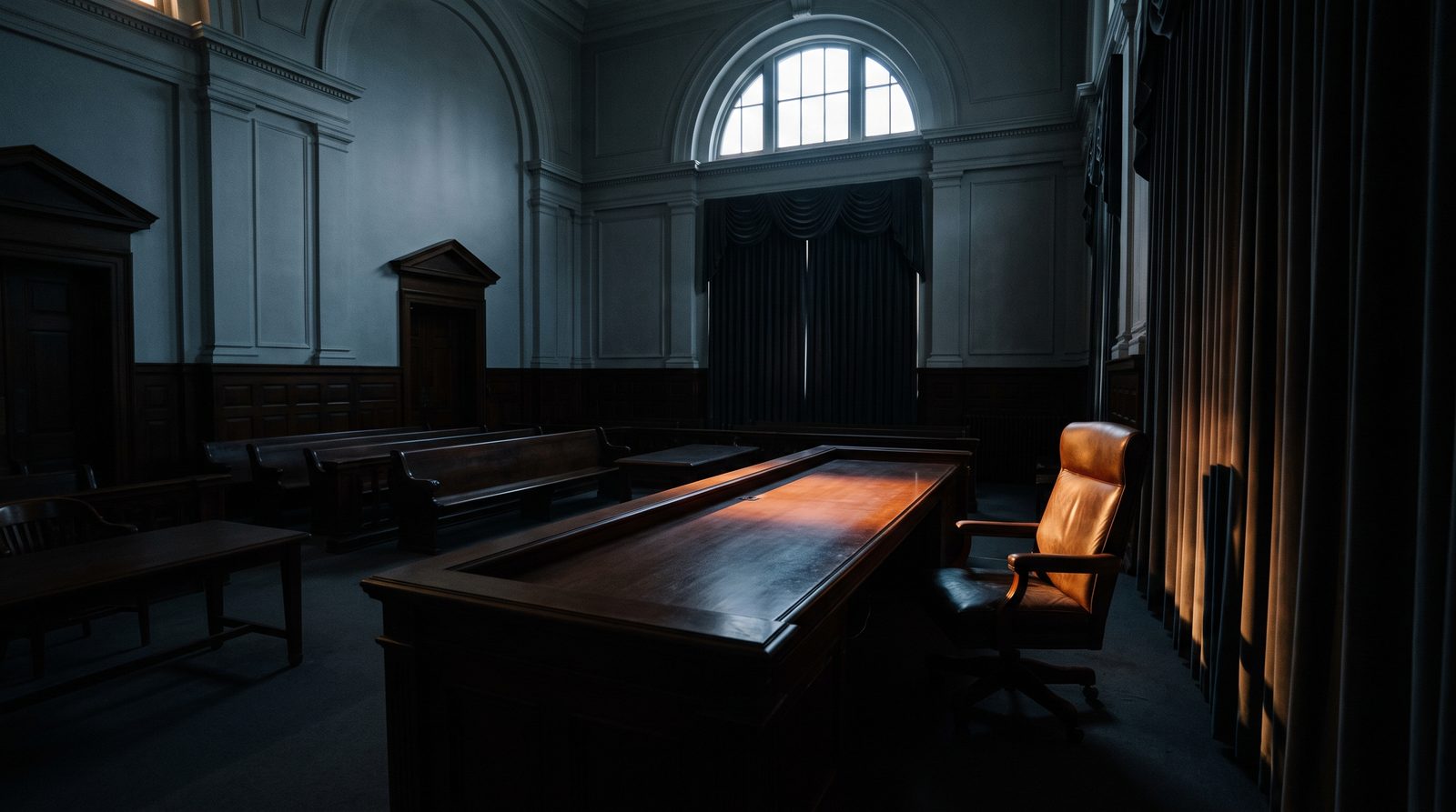 Sala de tribunal vazia em luz baixa, com a bancada do juiz desocupada.